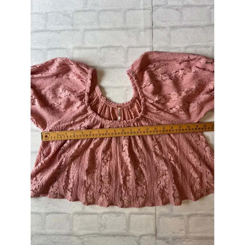 Free People Pink Floral Lace Puff Sleeve Boho coquette fairy prairie Top Small
